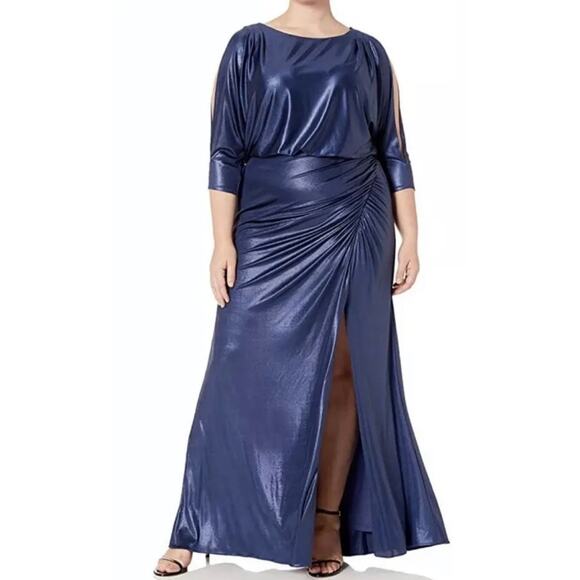 Adrianna Papell Metallic Blouson Draped Gown Dress Light Navy Size 8 - Picture 1 of 10